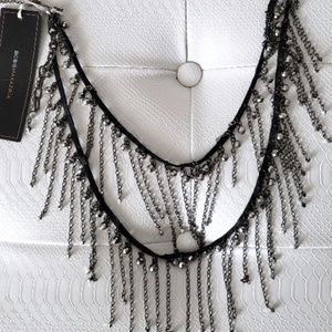 NWT BCBG  MaxAzria Black Leather Fringe Beaded Chain Necklace